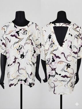 Halogen Womens Abstract Print V-Back Short Sleeve Top - White/Multi